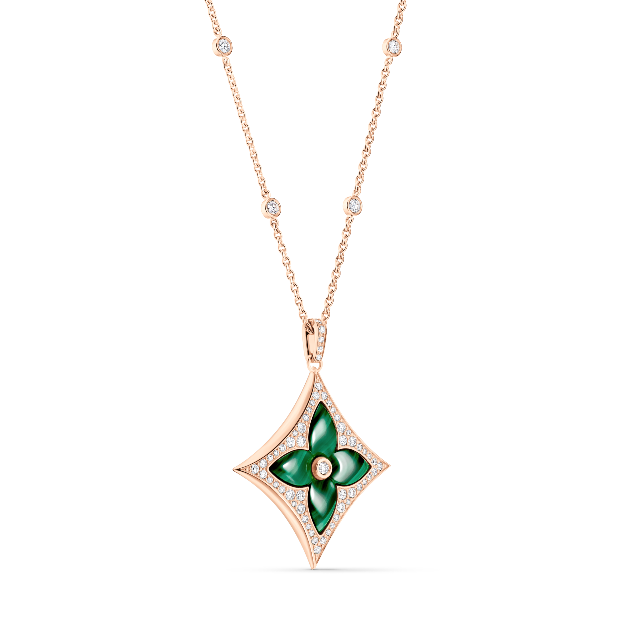 Color Blossom XL Star Pendant, Pink Gold, Malachite and Diamonds